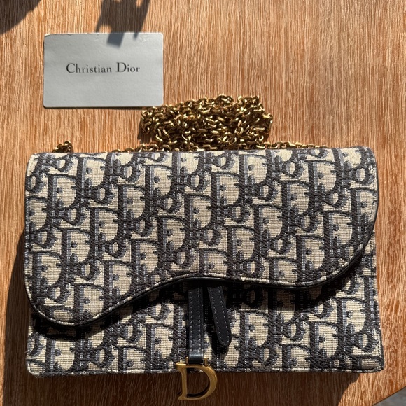 Dior Medium saddle pouch with chain blue oblique jacquard - Picture 1 of 13